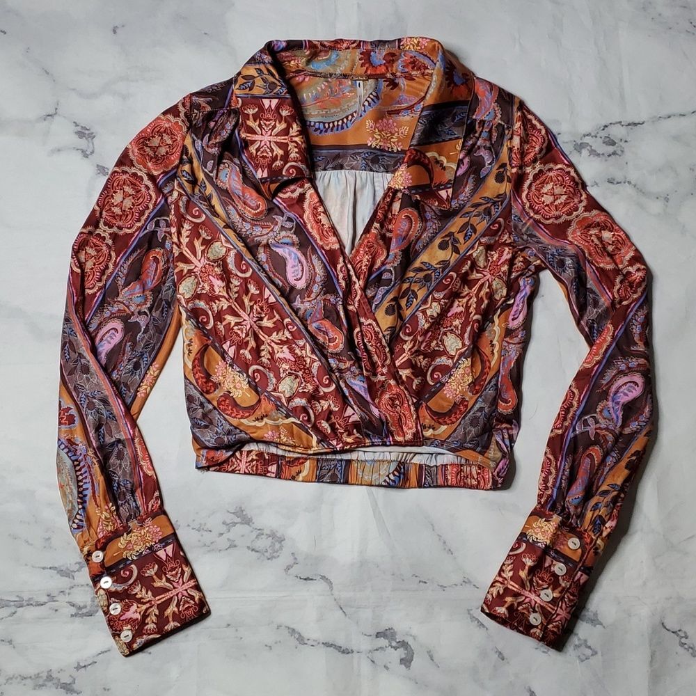 Free People Lana Paisley Print Surplice/Wrap Cropped Blouse